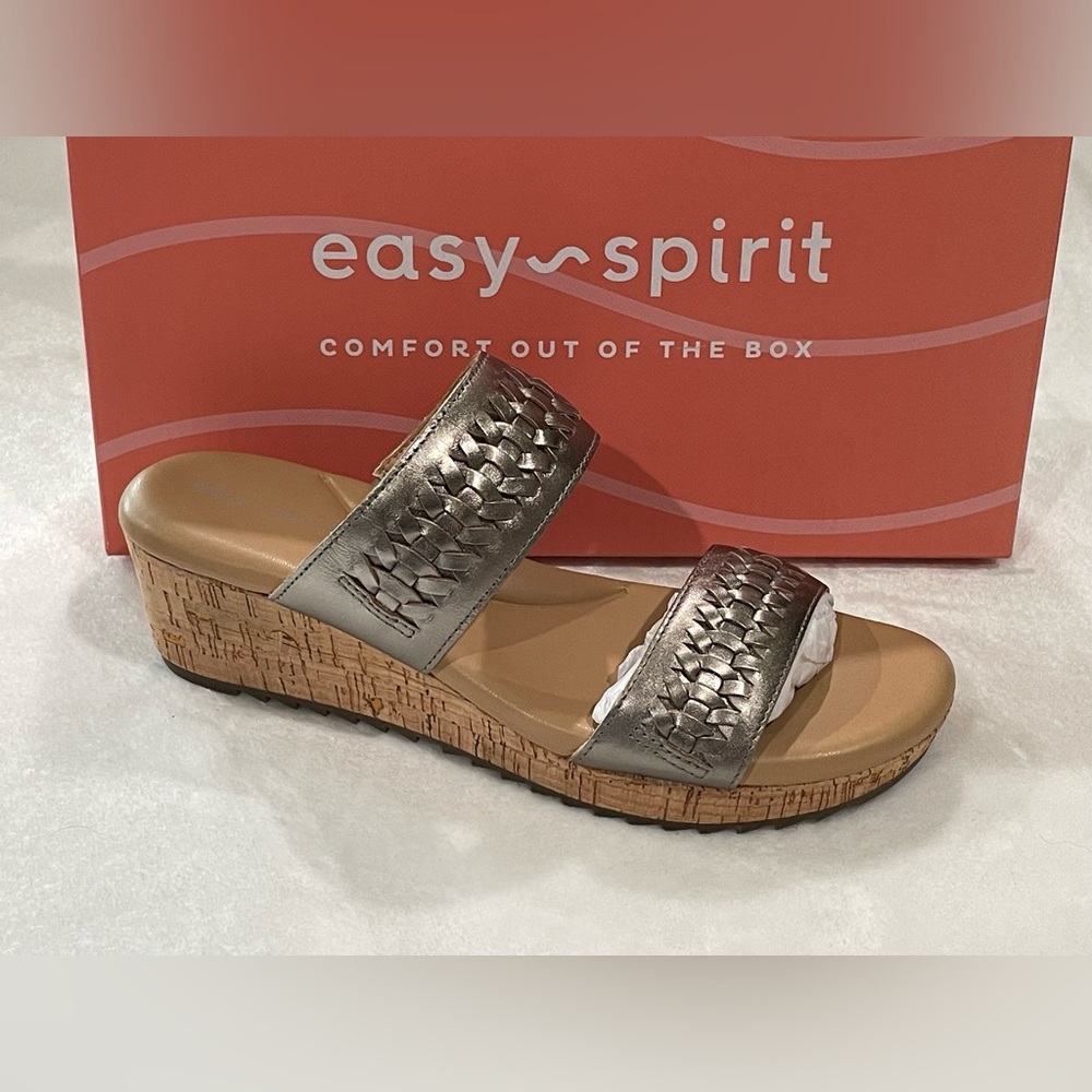 Easy Spirit Lillia Gold/Silver Pewter Weave Strap Cork Wedge Sandals Sz 6.5 BNWB - Picture 5 of 7